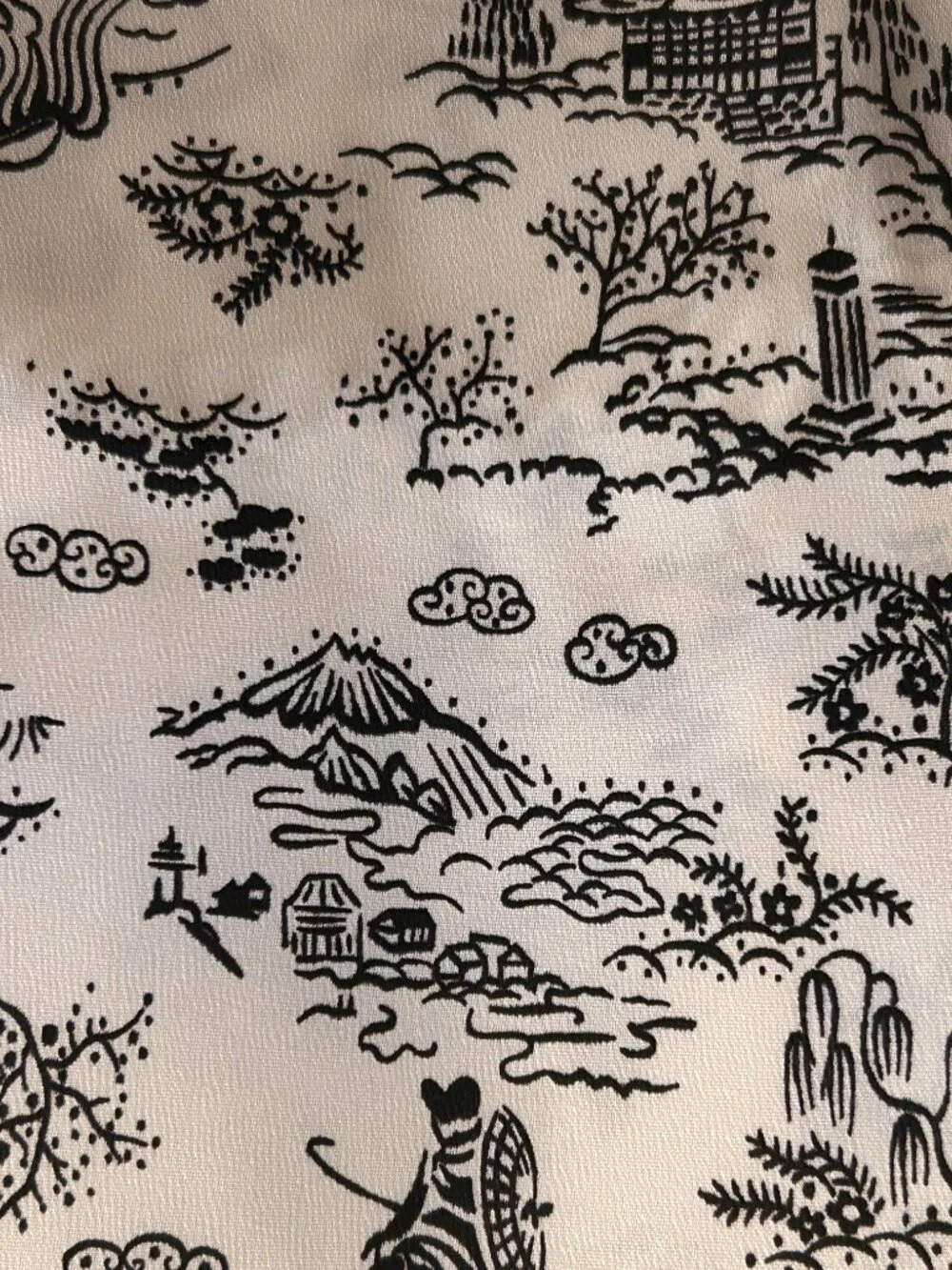 Vintage Toile Asian Scenes Satin Black & White Fabric LONG PIECE 44 x 275 inch